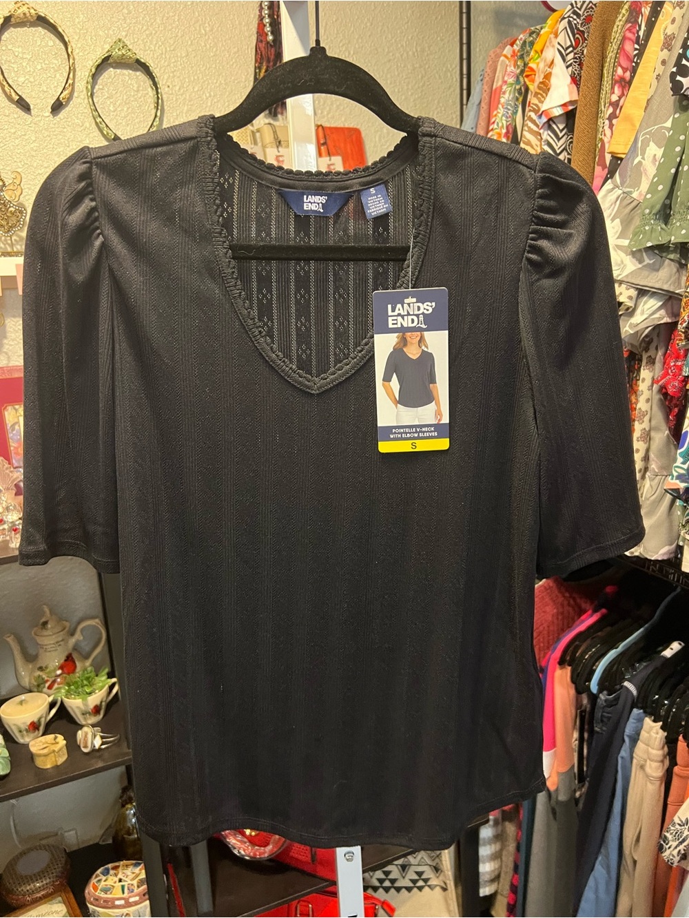 Lands' End Pointelle Black V-Neck Elbow Sleeve Top